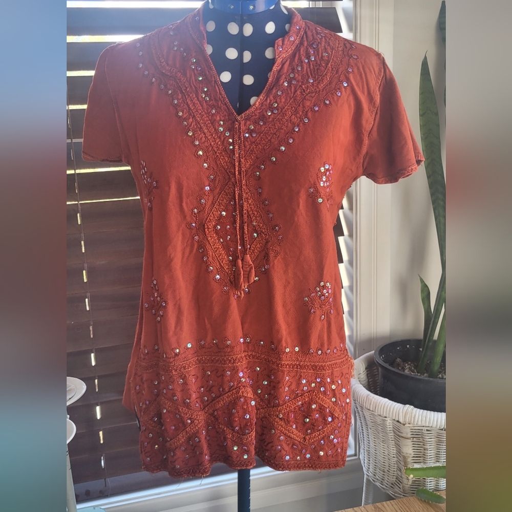 Embroidered Rust Top With Sequins